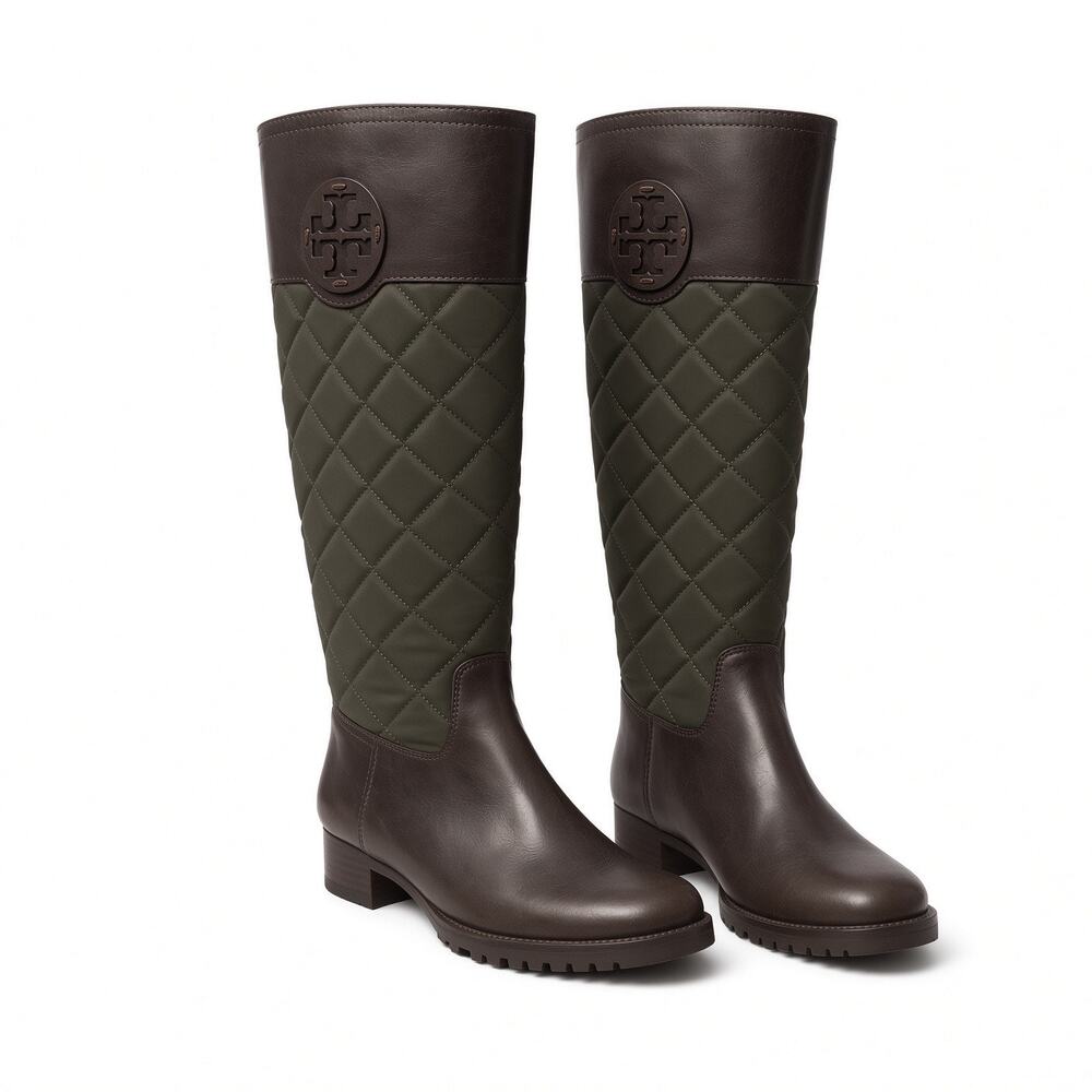 Tory Burch Rowan Quilted Riding Boots Green Brown Leather Logo Medallion Sz 6M